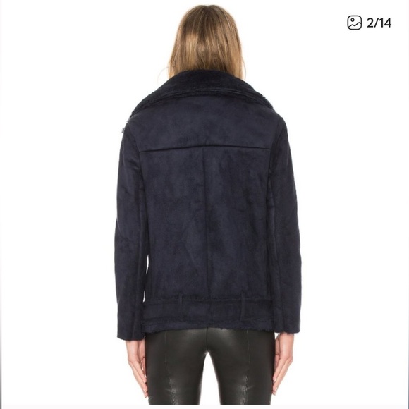 J.O.A. Dark Blue Faux Shearling Moto Jacket - Picture 2 of 10